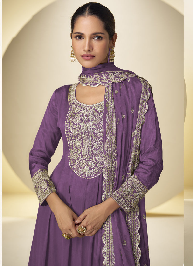 Vegaa Fashion Lavender Chinon Silk Embroidered Designer Salwar Palazzo Suit | Grocsy