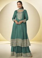 Vegaa Fashion Rama Green Chinon Silk Embroidered Designer Salwar Palazzo Suit | Grocsy