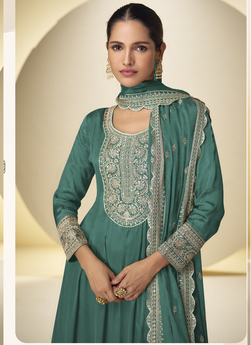 Vegaa Fashion Rama Green Chinon Silk Embroidered Designer Salwar Palazzo Suit | Grocsy