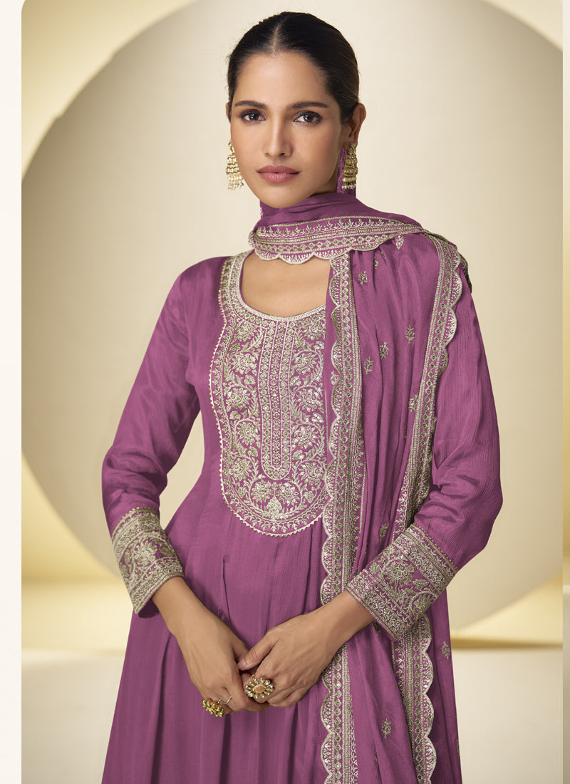 Vegaa Fashion Onion Pink Chinon Silk Embroidered Designer Salwar Palazzo Suit | Grocsy