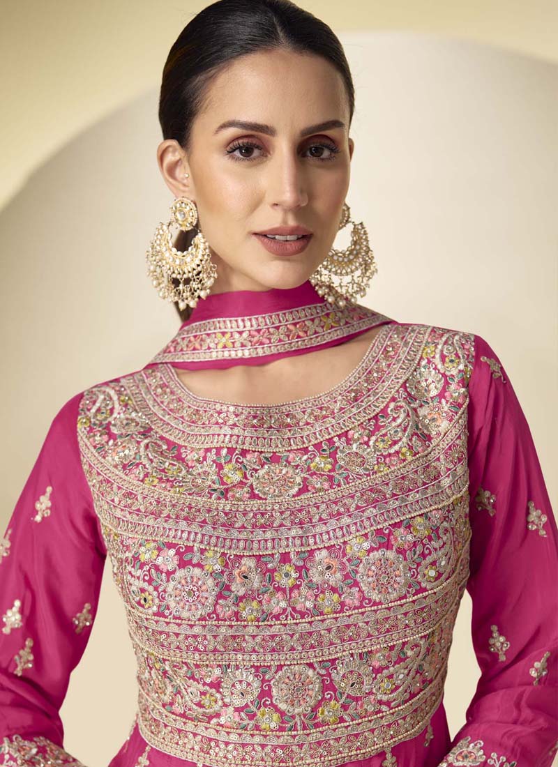 Vegaa Fashion Pink Chinon Silk Embroidered Designer Anarkali Suit | Grocsy