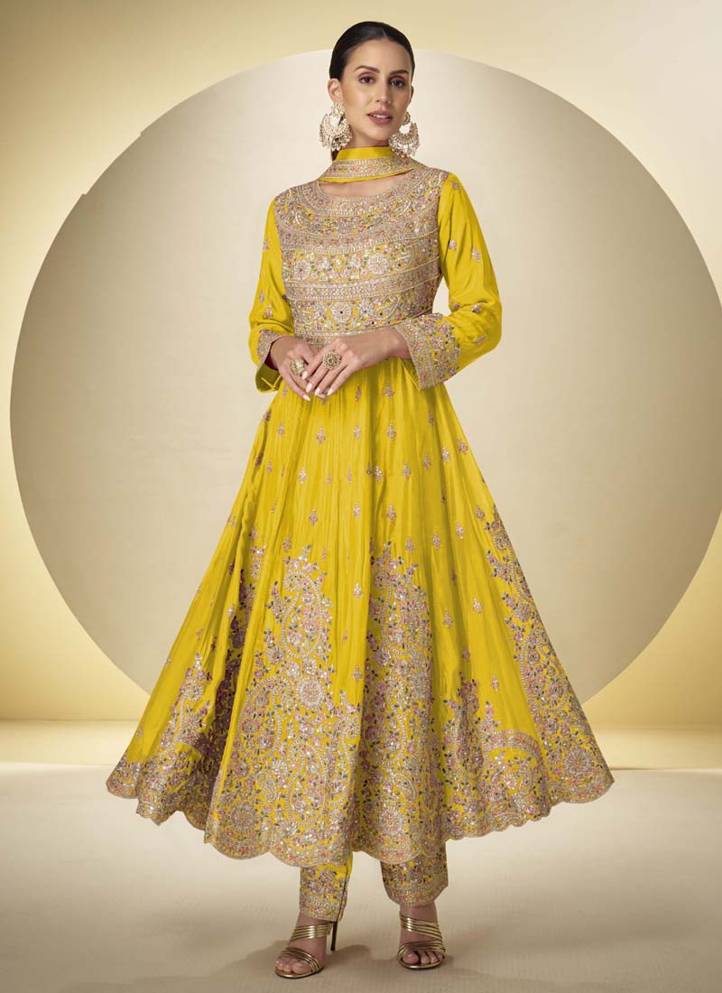 Vegaa Fashion Yellow Chinon Silk Embroidered Designer Anarkali Suit | Grocsy