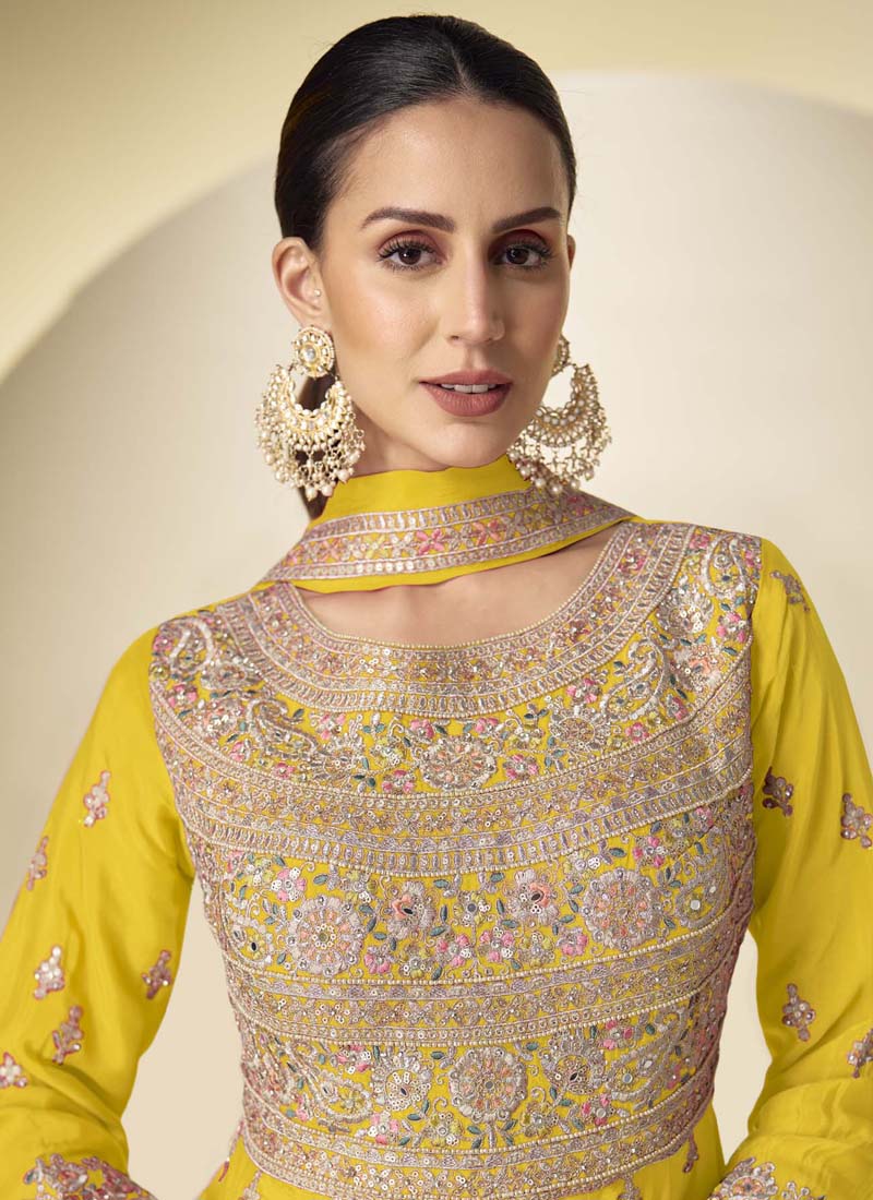 Vegaa Fashion Yellow Chinon Silk Embroidered Designer Anarkali Suit | Grocsy