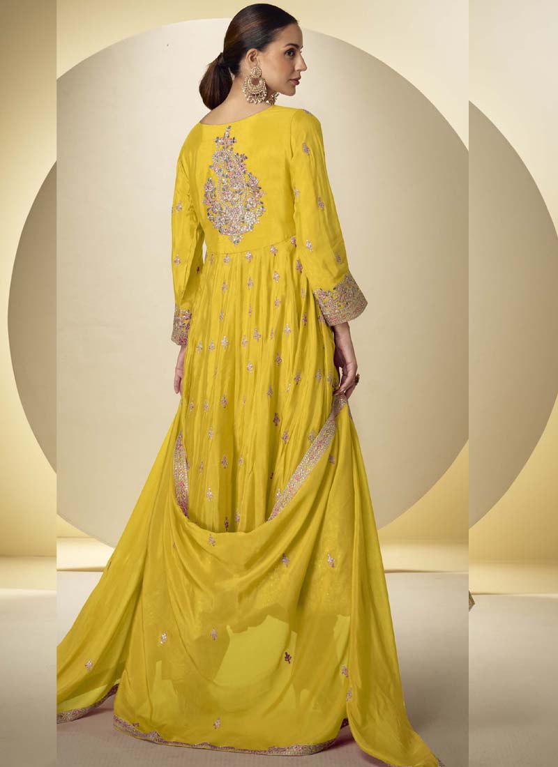 Vegaa Fashion Yellow Chinon Silk Embroidered Designer Anarkali Suit | Grocsy