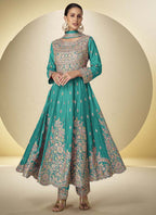 Vegaa Fashion Turquoise Chinon Silk Embroidered Designer Anarkali Suit | Grocsy