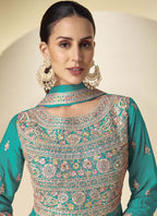 Vegaa Fashion Turquoise Chinon Silk Embroidered Designer Anarkali Suit | Grocsy