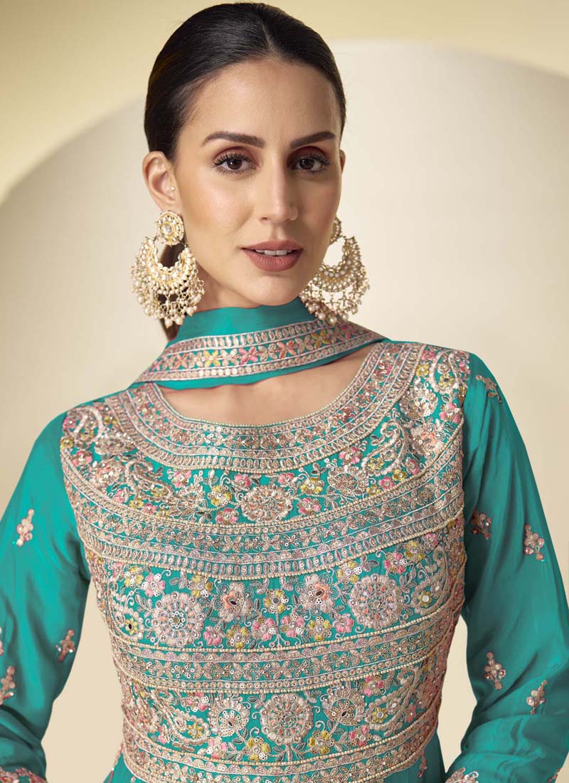 Vegaa Fashion Turquoise Chinon Silk Embroidered Designer Anarkali Suit | Grocsy