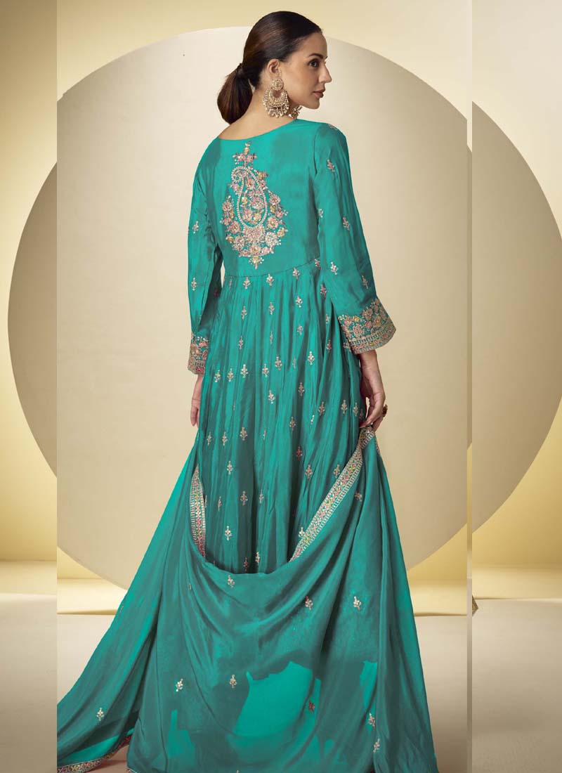 Vegaa Fashion Turquoise Chinon Silk Embroidered Designer Anarkali Suit | Grocsy