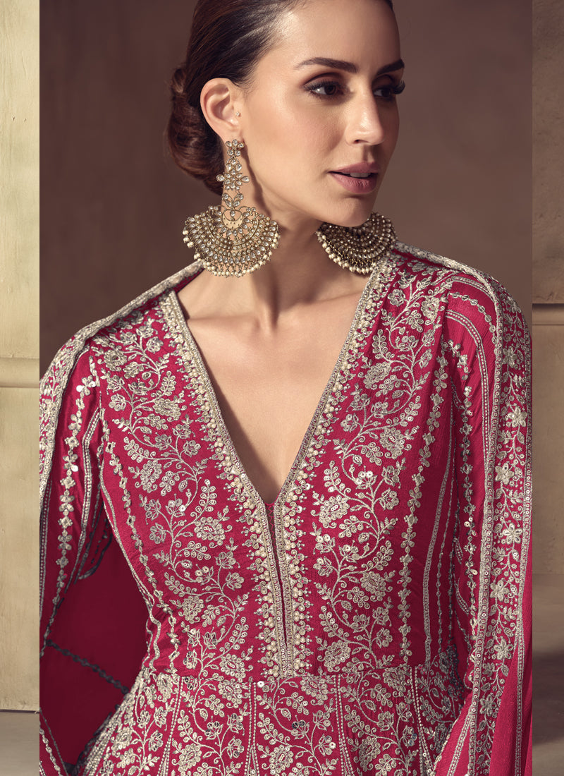 Vegaa Fashion Rani Pink Chinon Silk Embroidered Designer Anarkali Suit | Grocsy