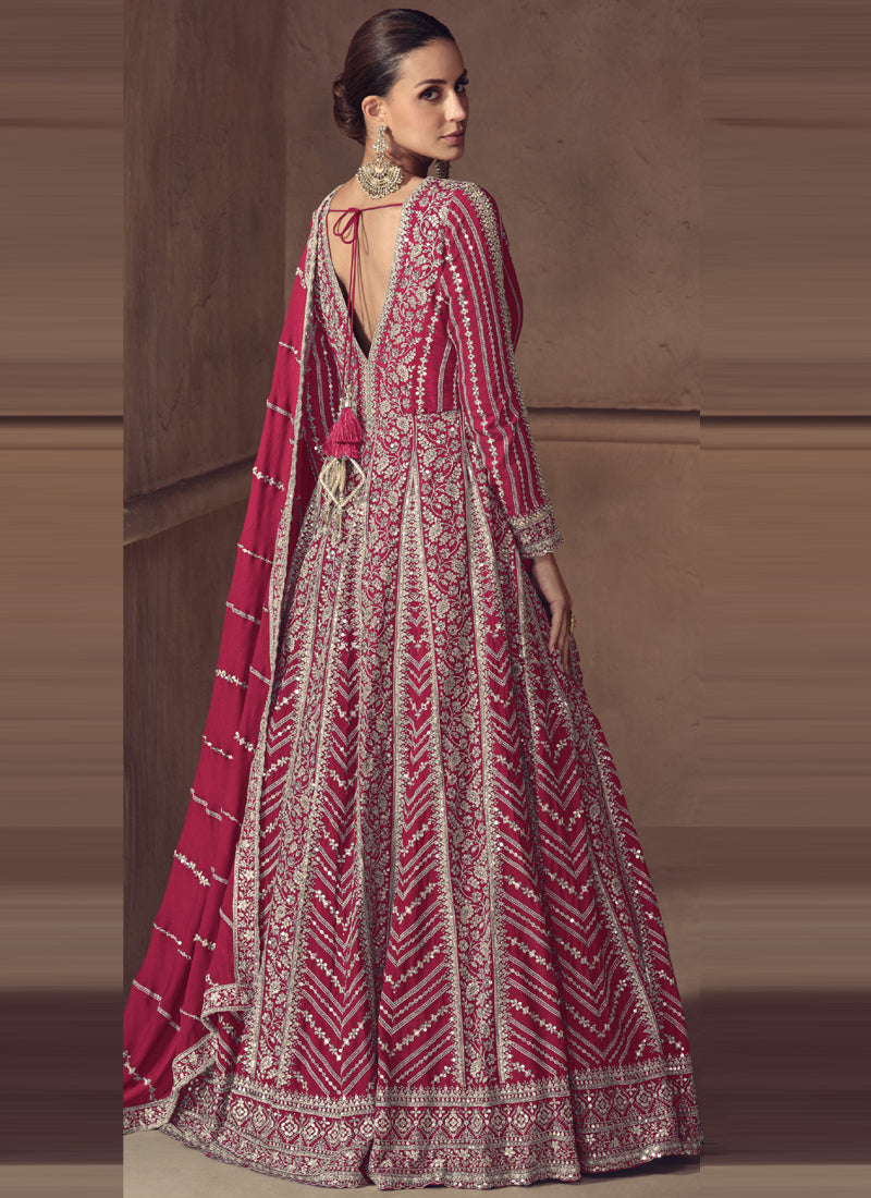 Vegaa Fashion Rani Pink Chinon Silk Embroidered Designer Anarkali Suit | Grocsy