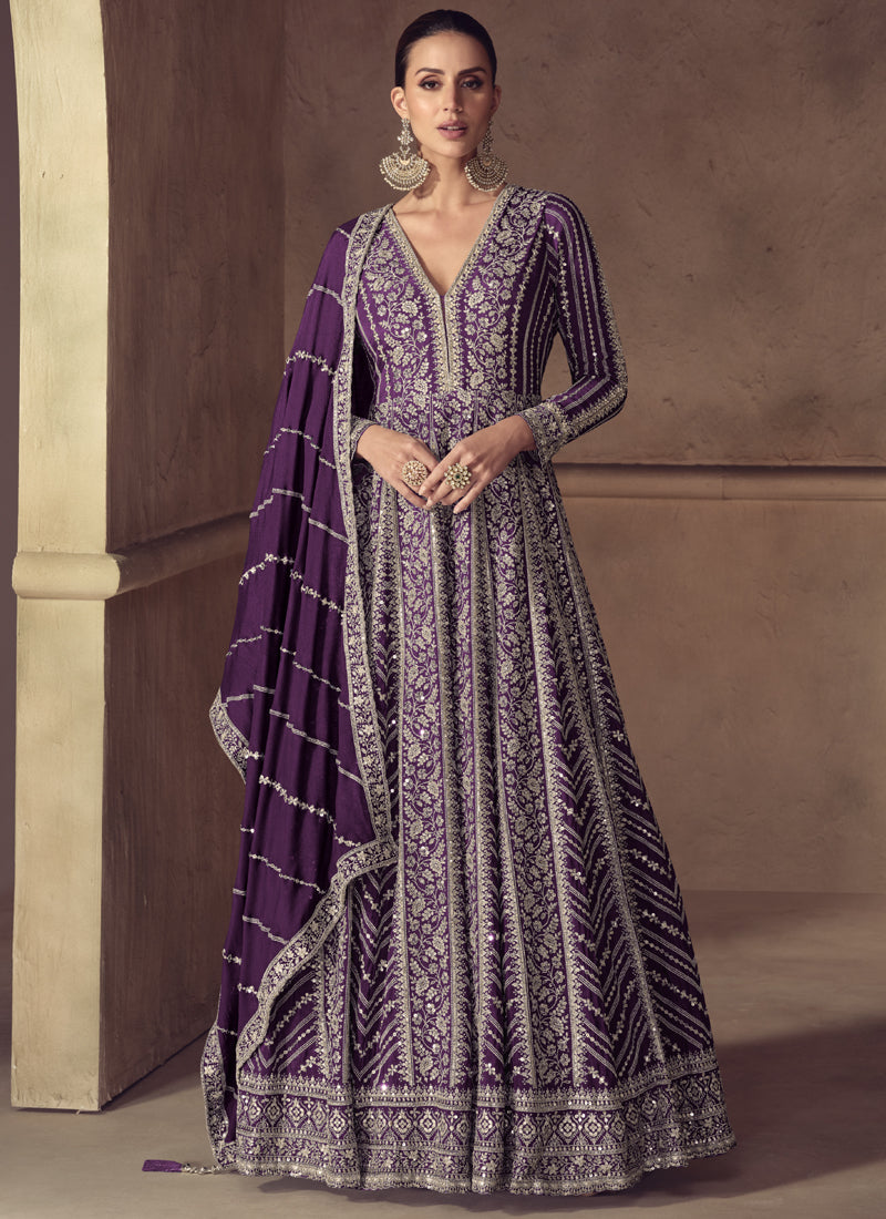 Vegaa Fashion Purple Chinon Silk Embroidered Designer Anarkali Suit | Grocsy
