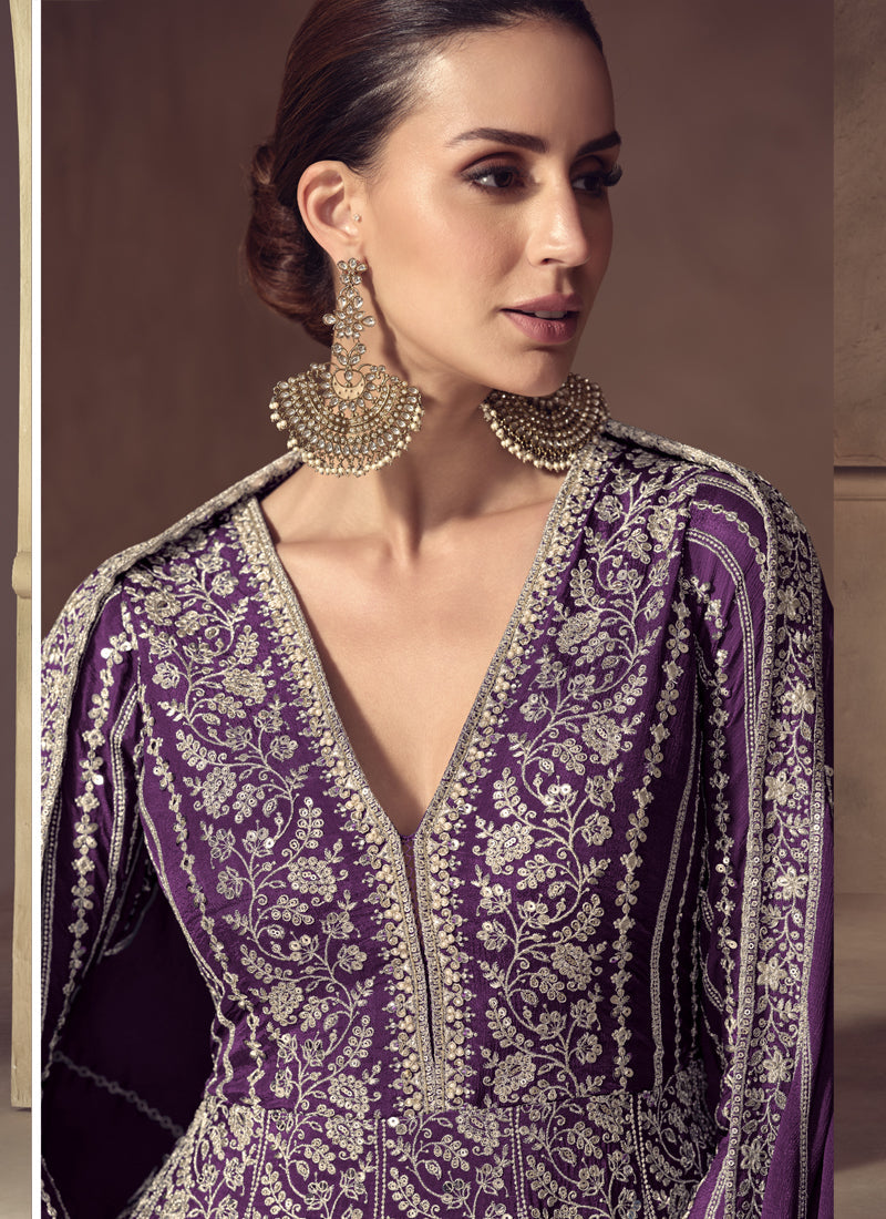 Vegaa Fashion Purple Chinon Silk Embroidered Designer Anarkali Suit | Grocsy