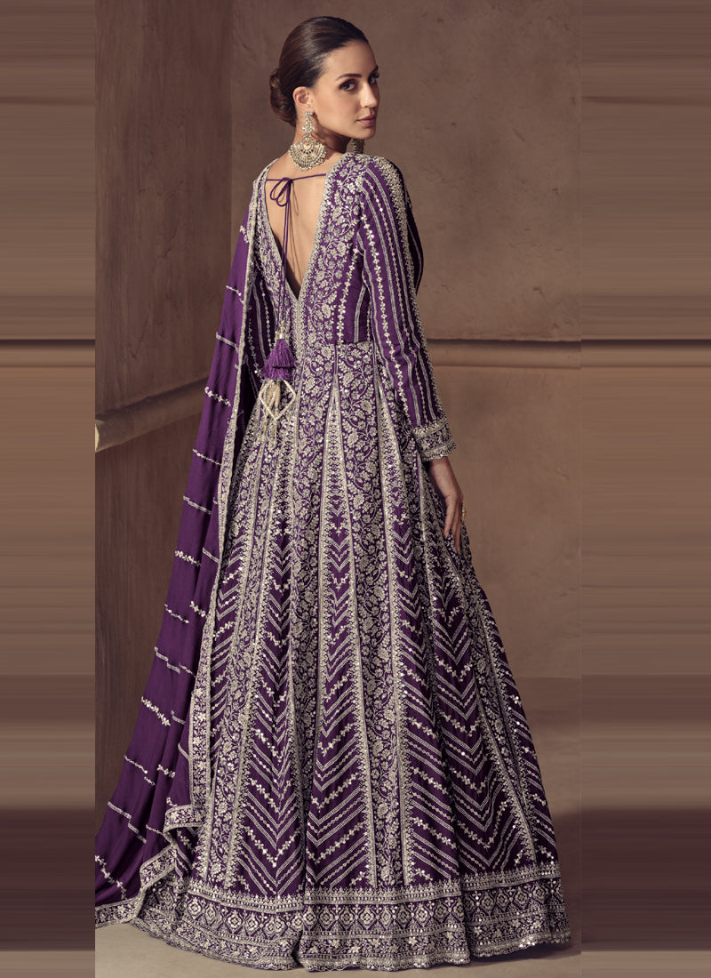 Vegaa Fashion Purple Chinon Silk Embroidered Designer Anarkali Suit | Grocsy