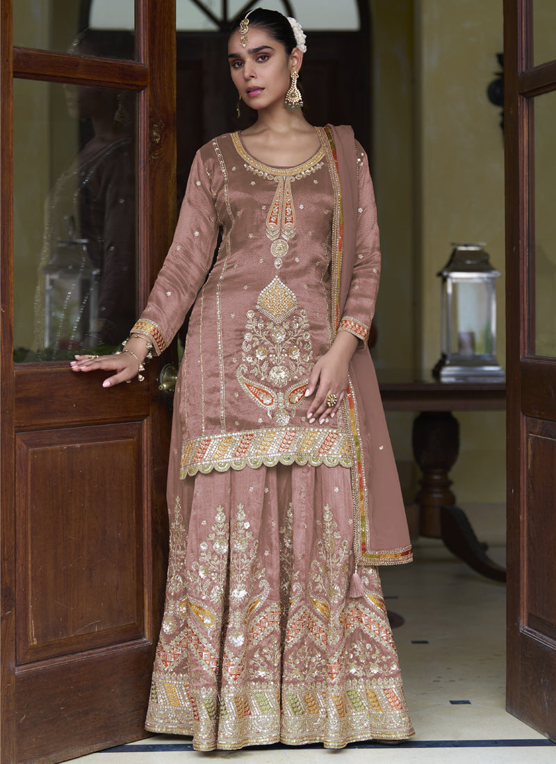 Vegaa Fashion Light Brown Shimmer Silk Embroidered Designer Salwar Palazzo Suit | Grocsy