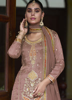Vegaa Fashion Light Brown Shimmer Silk Embroidered Designer Salwar Palazzo Suit | Grocsy
