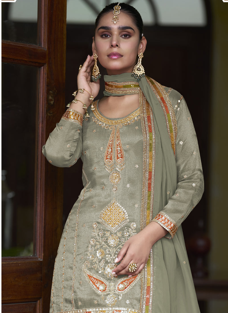 Vegaa Fashion Light Mehendi Shimmer Silk Embroidered Designer Salwar Palazzo Suit | Grocsy