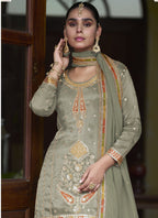 Vegaa Fashion Light Mehendi Shimmer Silk Embroidered Designer Salwar Palazzo Suit | Grocsy