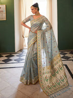 Shree Shyam Fashion Sky Blue Woven Work Tissue Silk Fabric Festive Wear Saree With Blouse | Grocsy