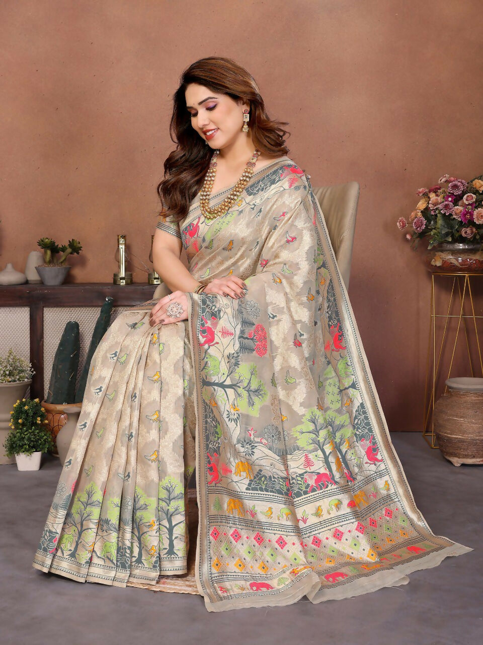 Teeya Creation New Latest Trendy Wedding Wear Pashmina Silk Saree-Cream | Grocsy