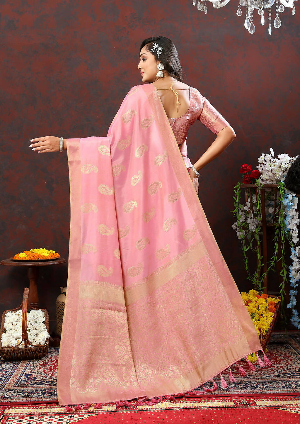 Lorenvalley Fashion Pink Cotton Woven Design with Zari Weaving Design Saree | Grocsy