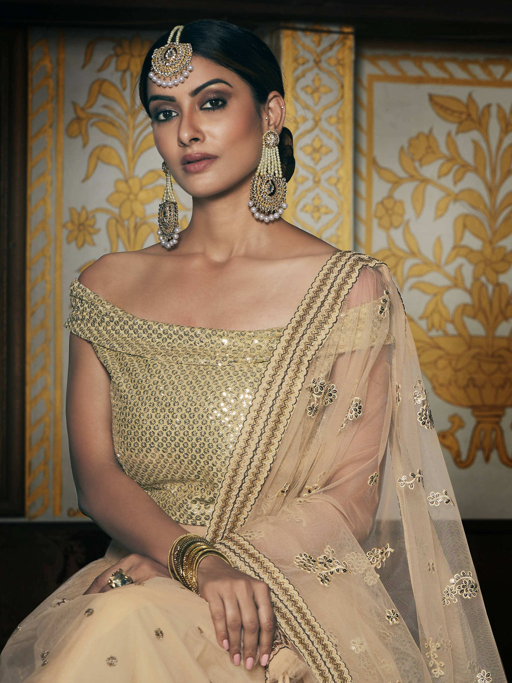 Wedding Designer Sequene Zari Resham Embroidery Cream Net Lahengha Choli - Anbazaar | Grocsy