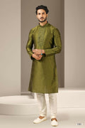 Raivat Ethnic Banarasi Art Silk Mirror Work Kurta Pajama In Green Colour | Grocsy