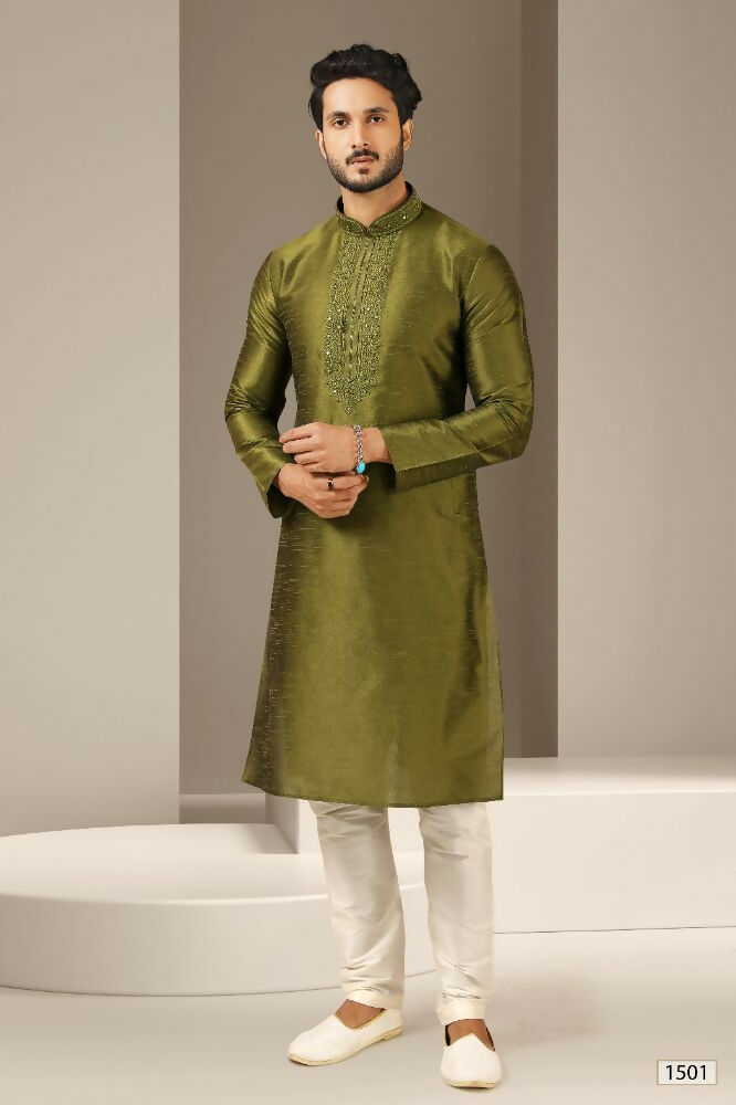 Raivat Ethnic Banarasi Art Silk Mirror Work Kurta Pajama In Green Colour | Grocsy