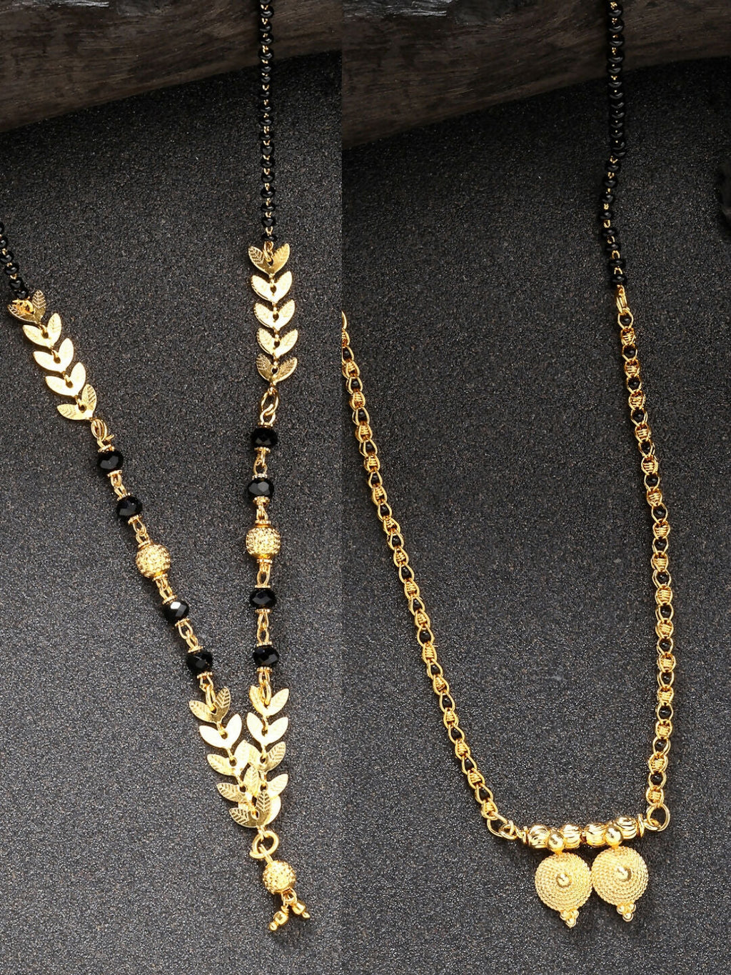 NVR Women's Set of 2 Gold-Polished Black Beaded Mangalsutra | Grocsy