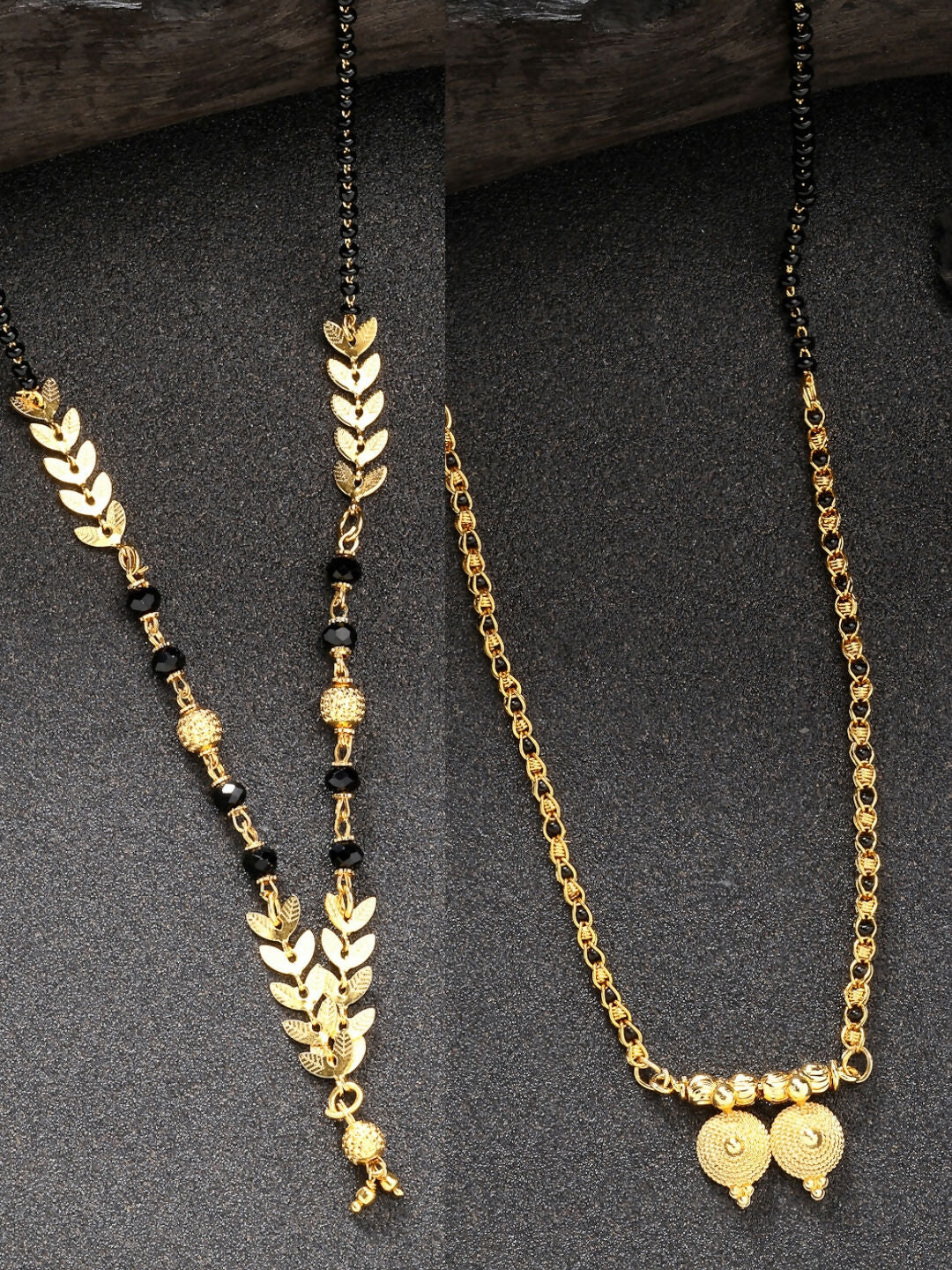 NVR Women's Set of 2 Gold-Polished Black Beaded Mangalsutra | Grocsy