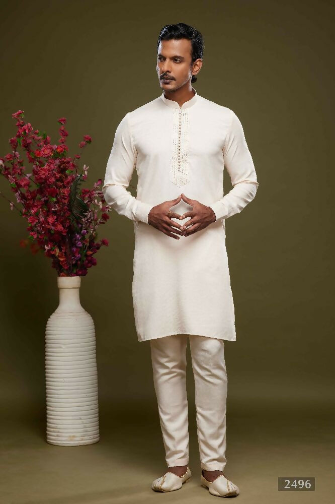 Raivat Ethnic Art Banarasi Silk Thread Work Kurta Pajama In Cream Colour | Grocsy