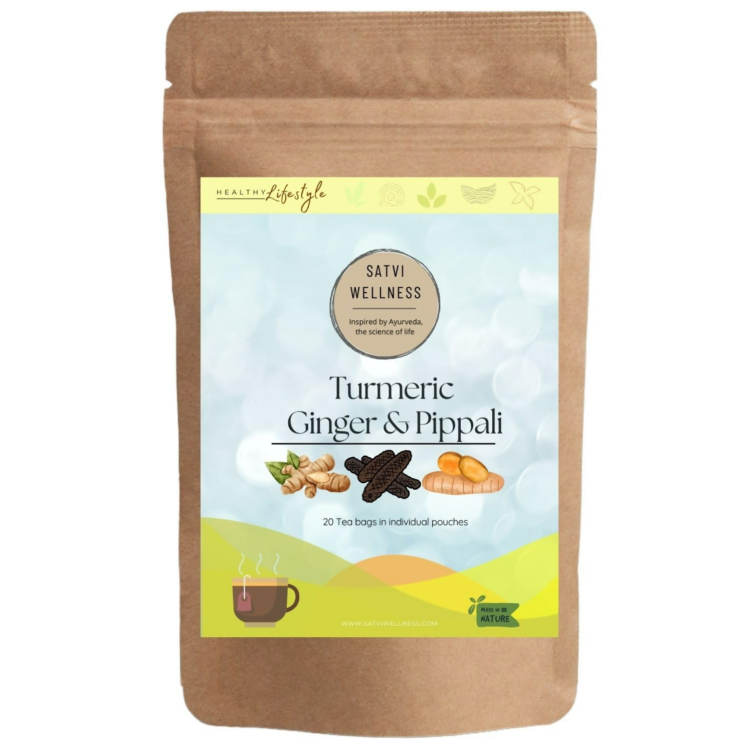 Satvi Wellness Turmeric Ginger Pippali Tea Bags | Herbal Tea | Grocsy