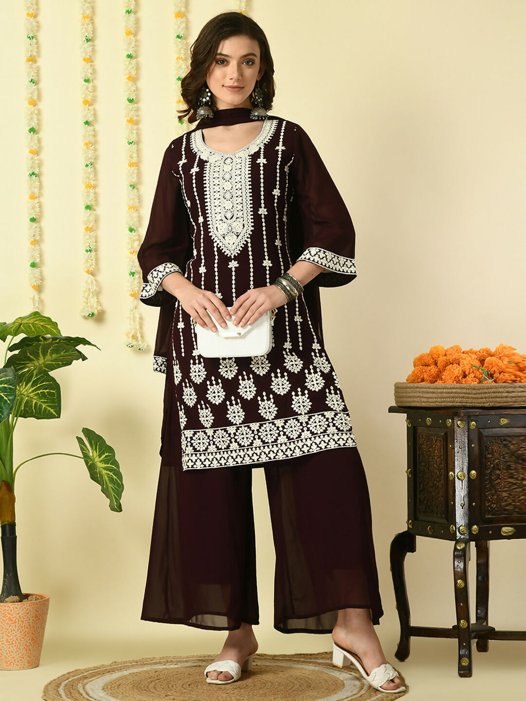 Myshka Women's Coffee Brown Georgette Kurta & Palazzos With Dupatta Party Sets | Grocsy