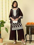 Myshka Women's Coffee Brown Georgette Kurta & Palazzos With Dupatta Party Sets | Grocsy