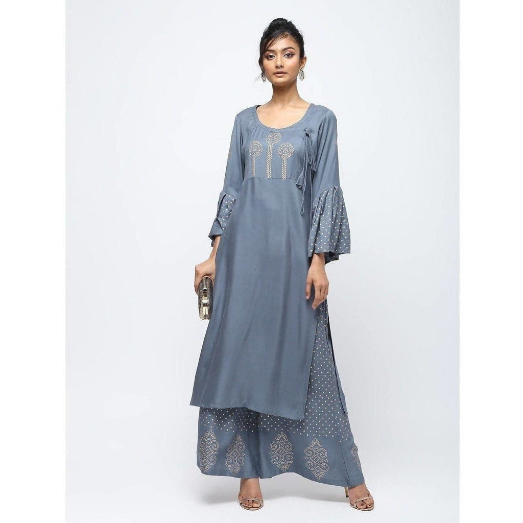 Cheera Flair Kurta With Bell Sleeve Design And Straight Polkadoit Print Plazo | Grocsy