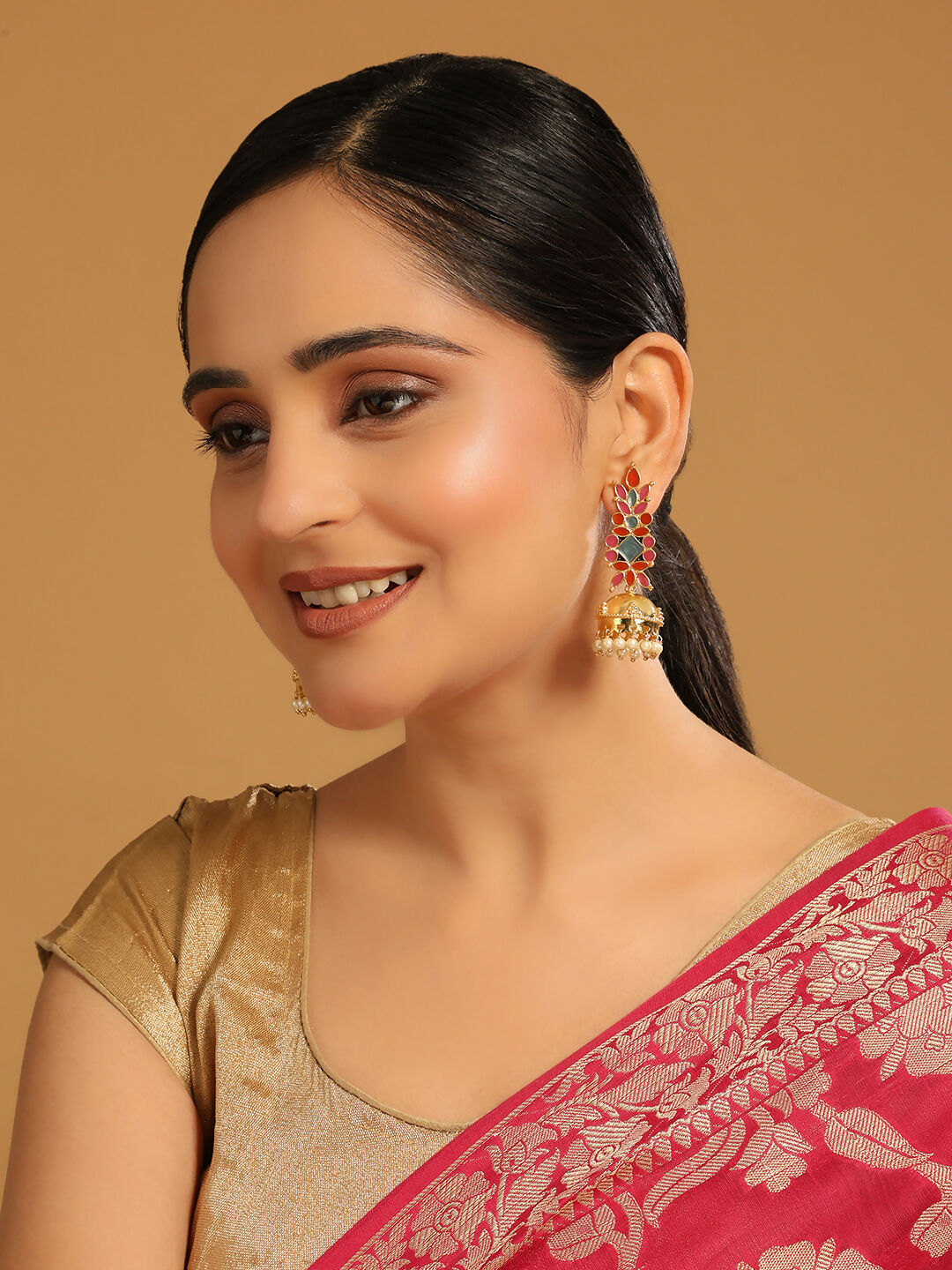 Nuyug 22K Gold-Plated Enamel & Beaded Dome Shaped Jhumka Earrings | Grocsy