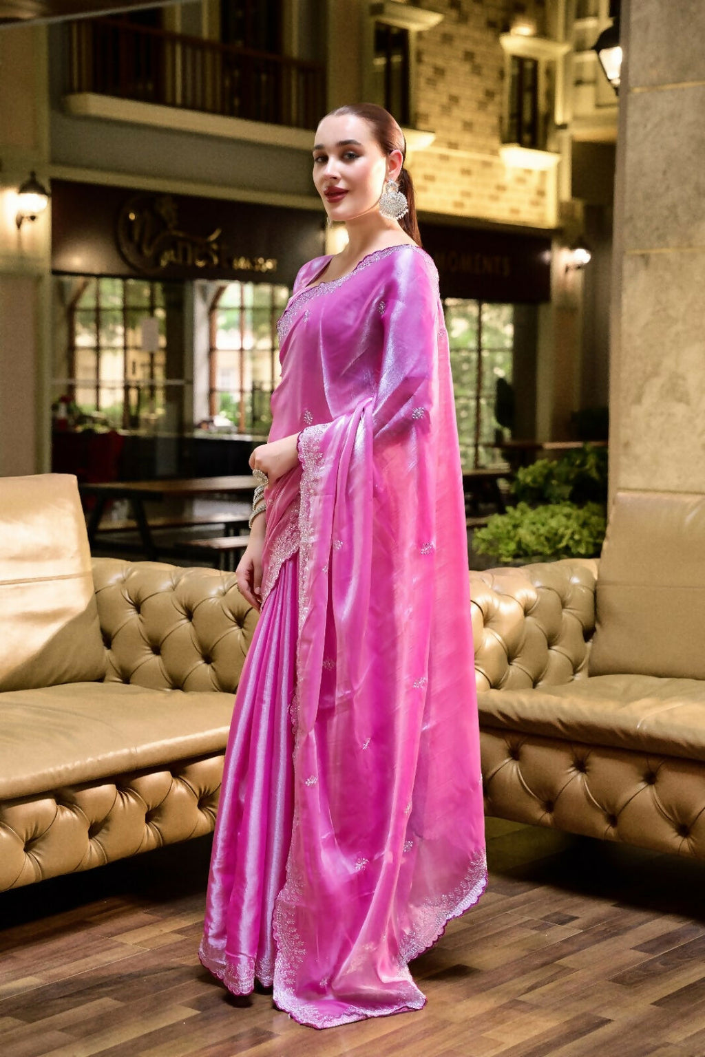 Vastranavya Baby Pink Embroidery Work Shimmer Chiffon Saree with Unstitched Blouse | Grocsy