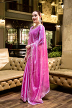 Vastranavya Baby Pink Embroidery Work Shimmer Chiffon Saree with Unstitched Blouse | Grocsy