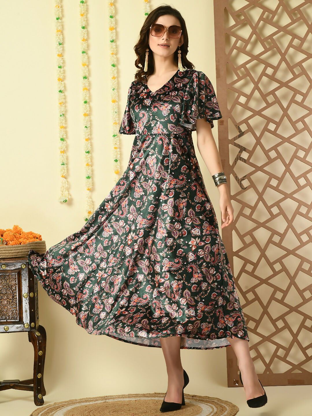Myshka Women's Multi Printed Velvet Party Dress | Grocsy