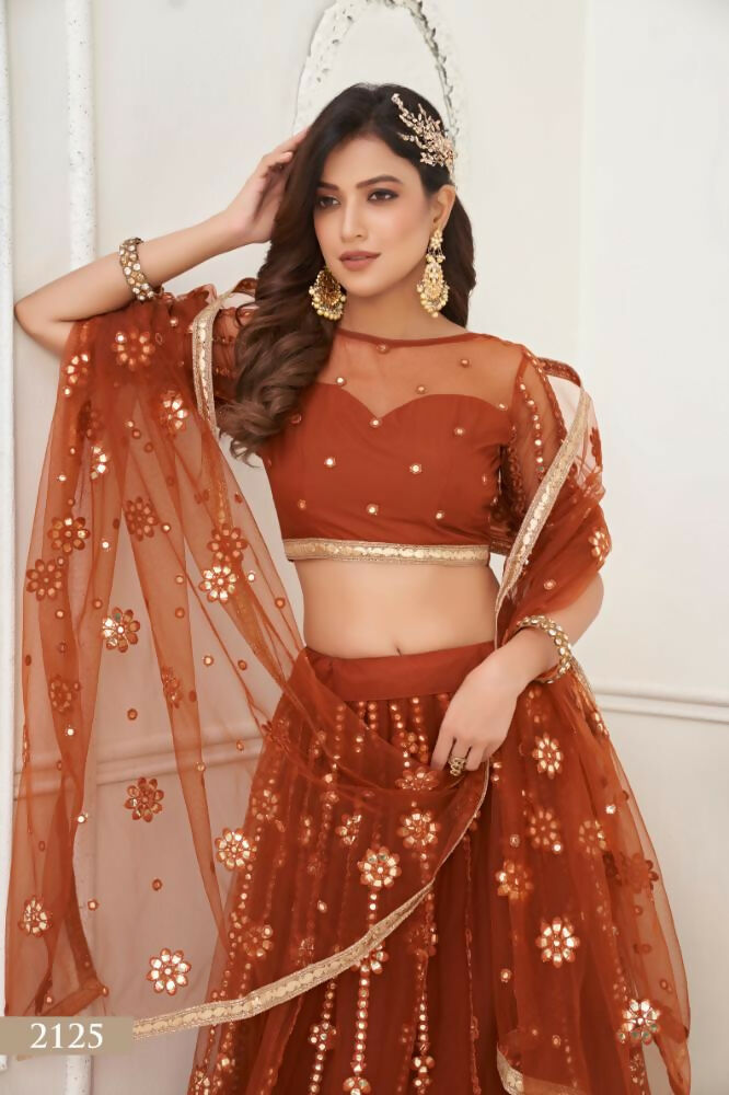 Aastha Fashion Brown Butterfly Net Tone To Tone Thread Work And Mirror Work Embroidery Wedding Wear Lehenga Choli | Grocsy