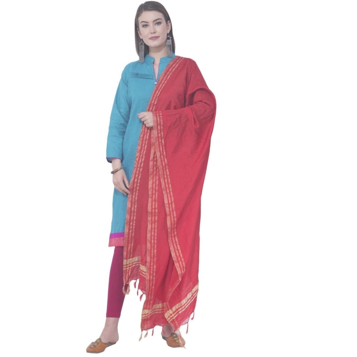 A R Silk Red Color Golden Border Cotton Dupattas and Chunnis | Grocsy