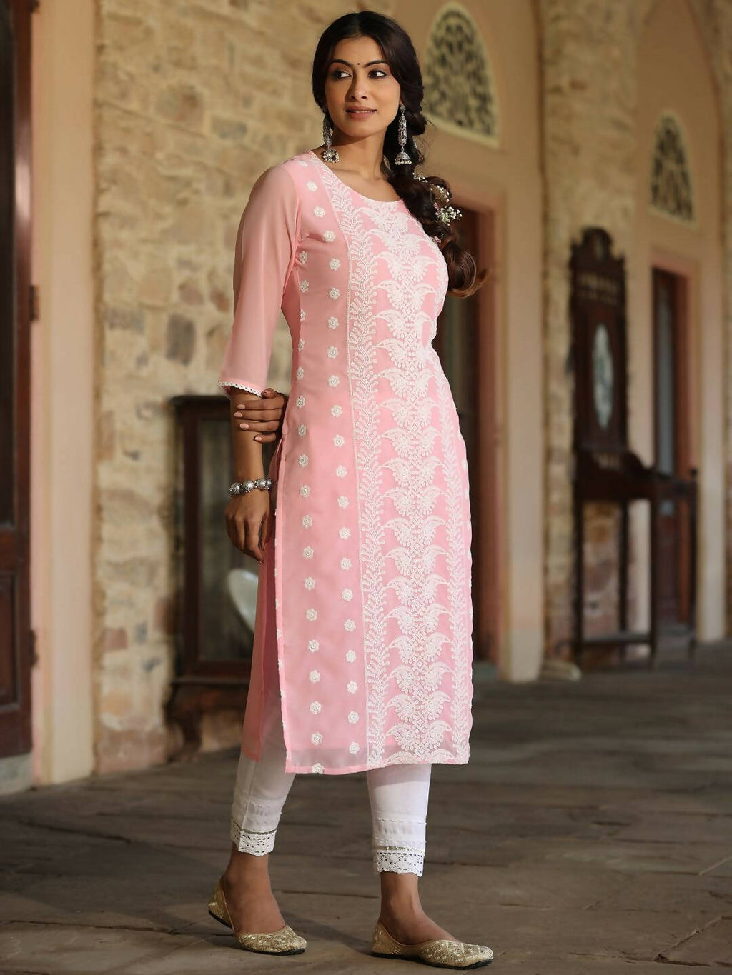 Juniper Women's Pink Georgette Printed Kurta | Grocsy