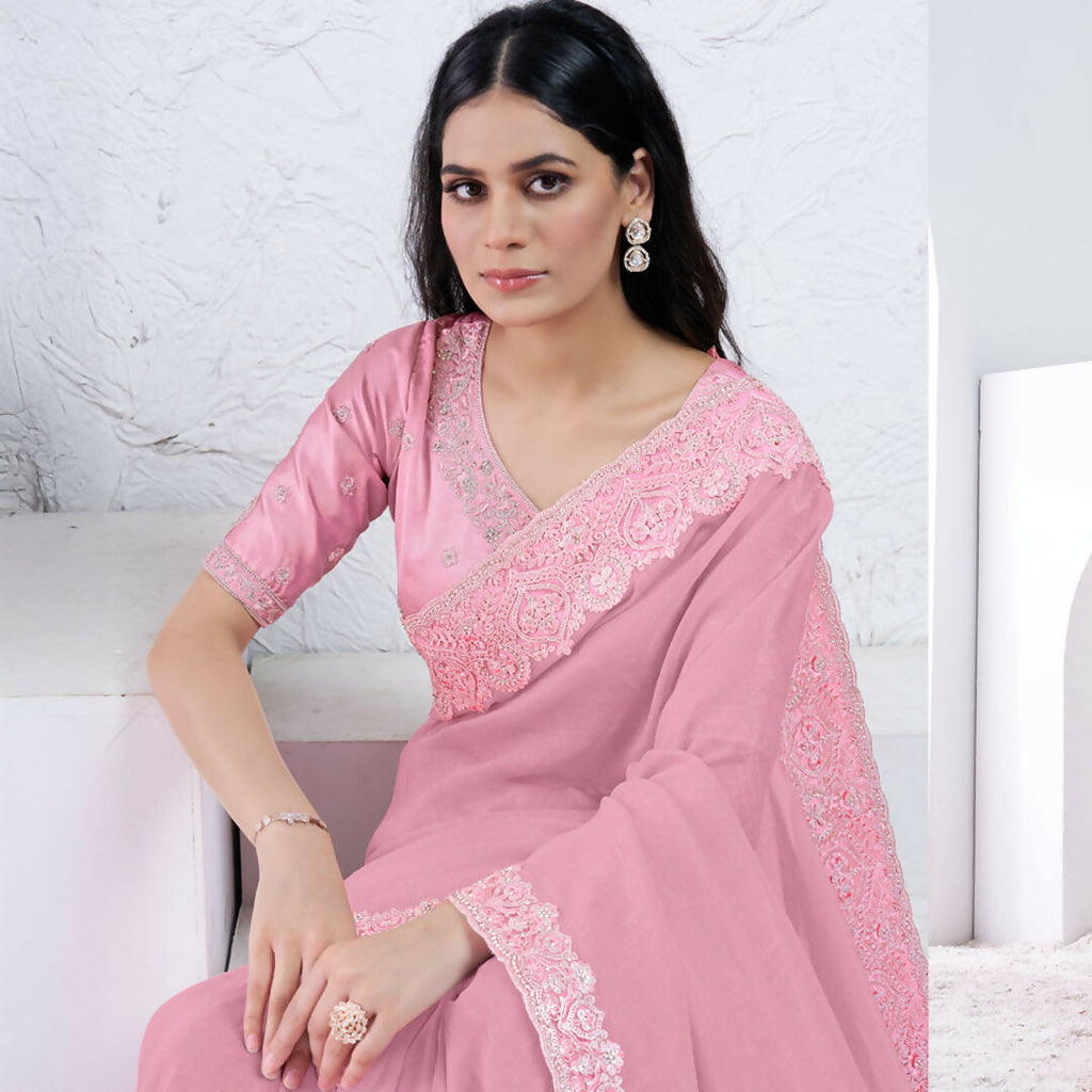 Light Pink Crepe Shimmer Silk Diamond With Hand Work Saree With Unstitched Blouse - Norita Swaraa | Grocsy