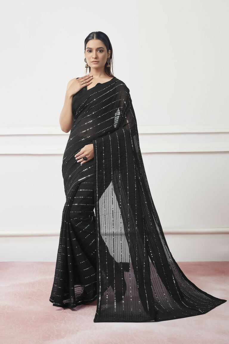 Black Georgette Sequance,Thread Embroidery Work Saree with Unstitched Blouse - Vandini | Grocsy