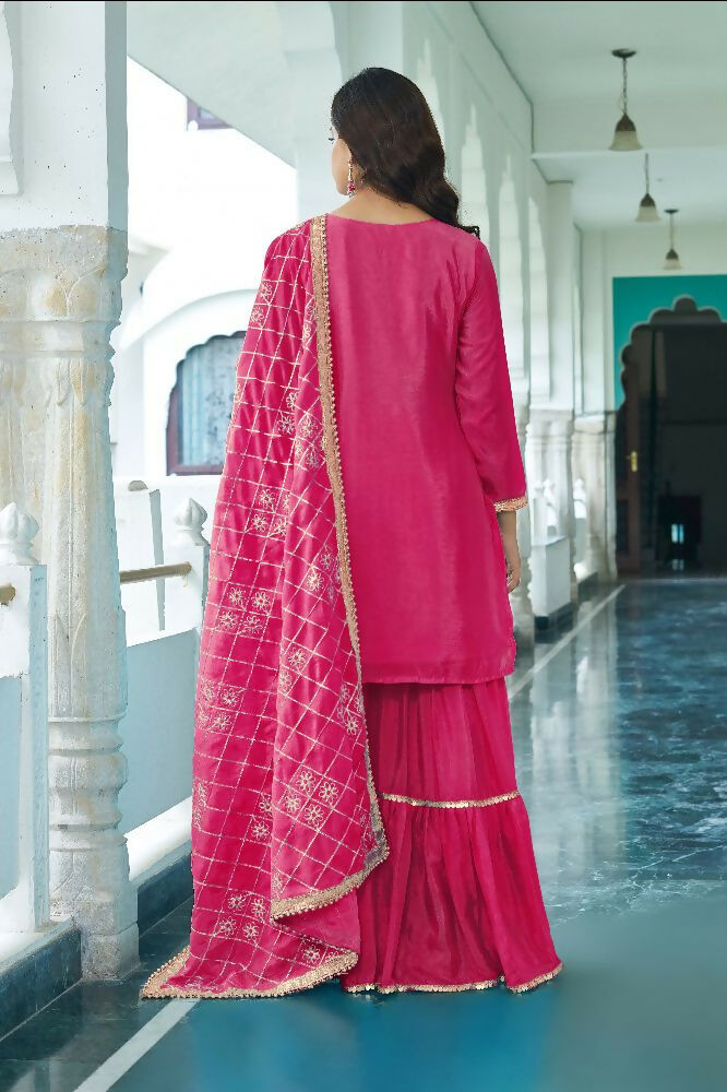 Teeya Creation Pink Colour Chinnon Silk Heavy Embroidery Work Fully Stitched Salwar Suit | Grocsy