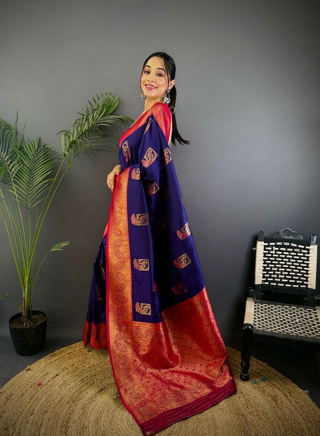 Elora Dark Blue Soft Silk Peacock Pattern Zari Weaving Contrast Border Banarasi Saree | Grocsy