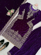 Vastranavya Purple Viscose Velvet Cording Sequence With Moti Work Top-Bottom With Dupatta | Grocsy