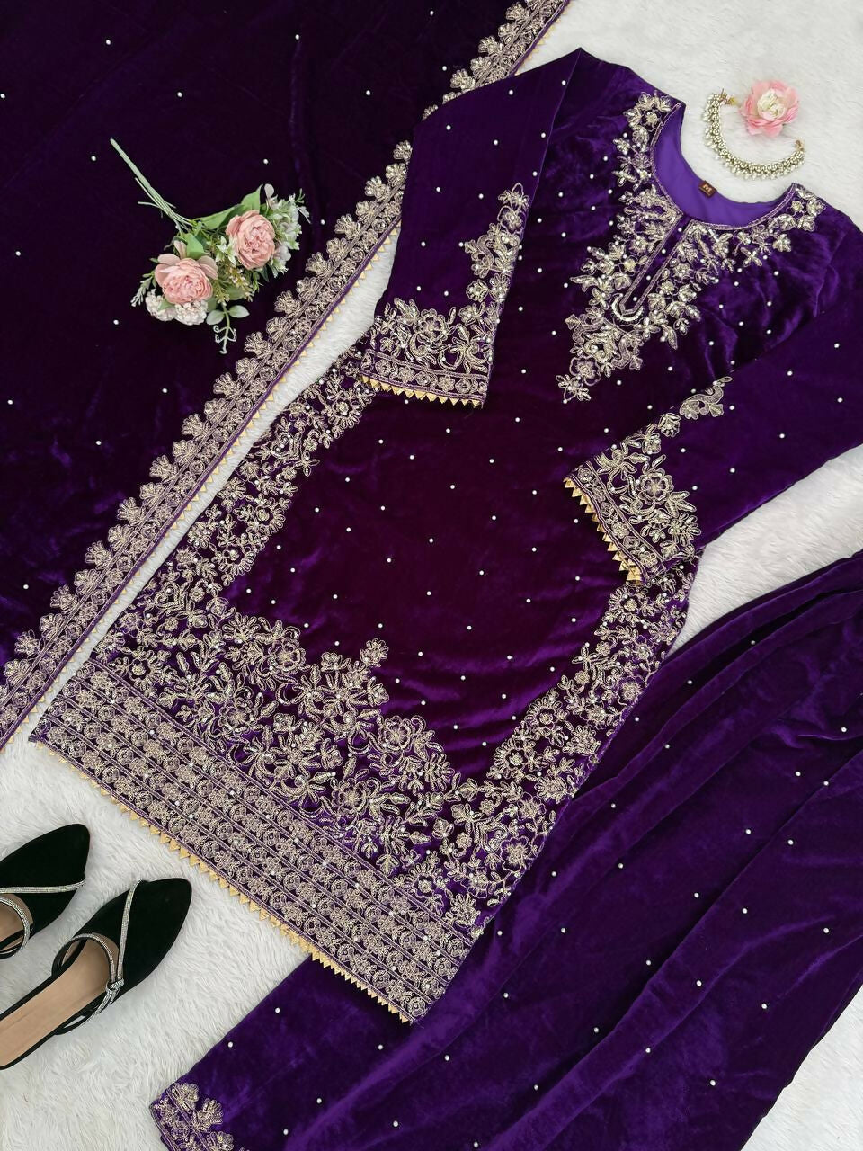 Vastranavya Purple Viscose Velvet Cording Sequence With Moti Work Top-Bottom With Dupatta | Grocsy