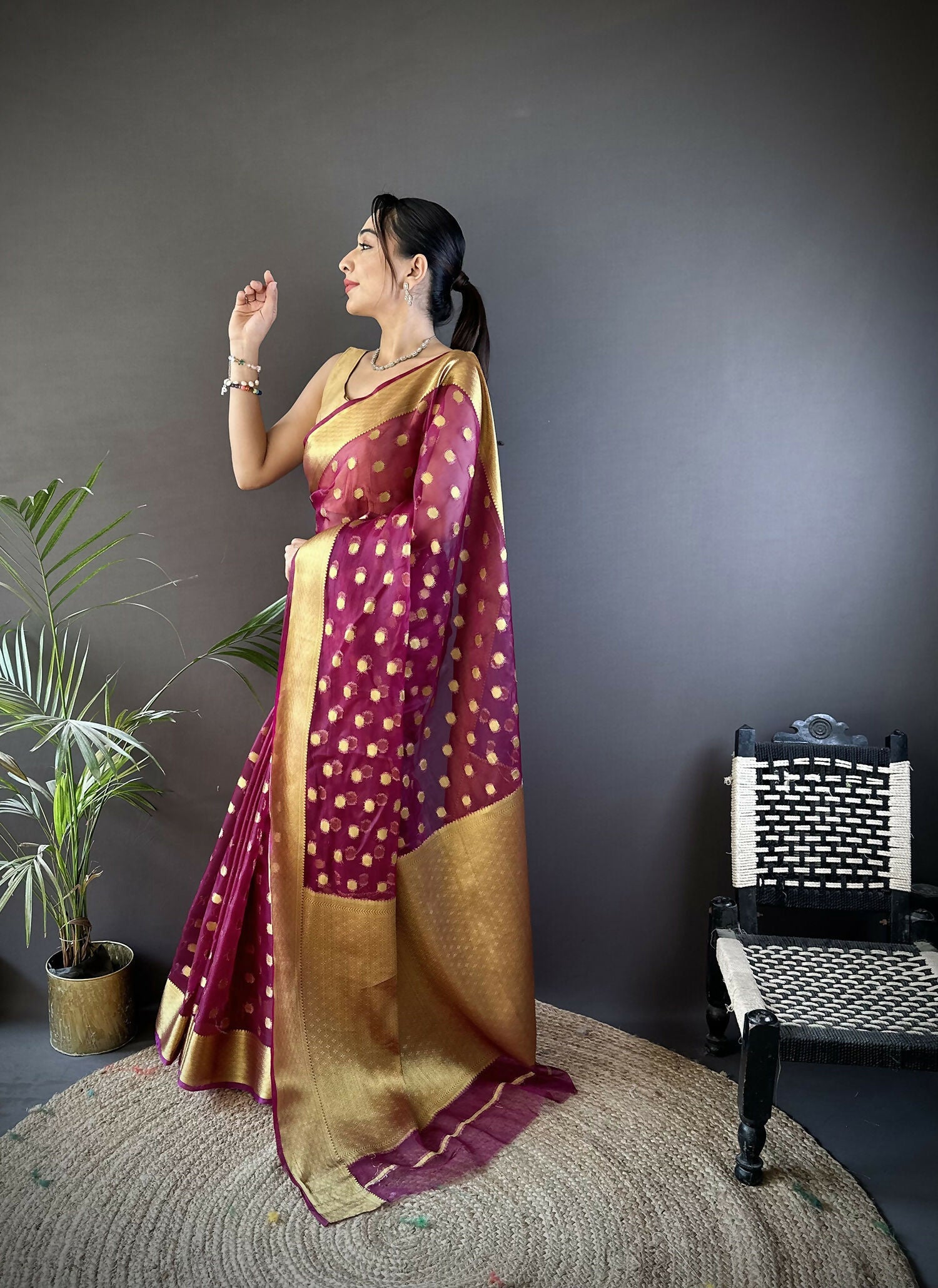 Joban Fashion Magenta Polka-Dot Zari Woven Organza Silk Banarasi Silk Saree | Grocsy