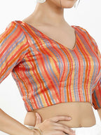 Joban Fashion Orange Multi Brocade Padded Blouse With V Neck Elbow Sleeves | Grocsy