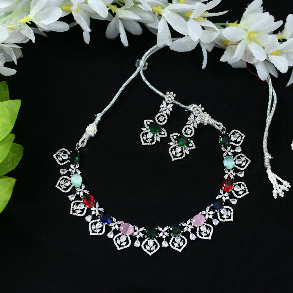 Mominos Fashion Johar Kamal Silver-Plated American Diamond Multi Colour Choker Set | Grocsy